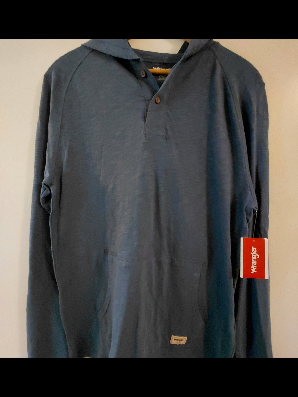 Wrangler Men's Slate Blue Hooded Henley Sweatshirt Vintago Indigo